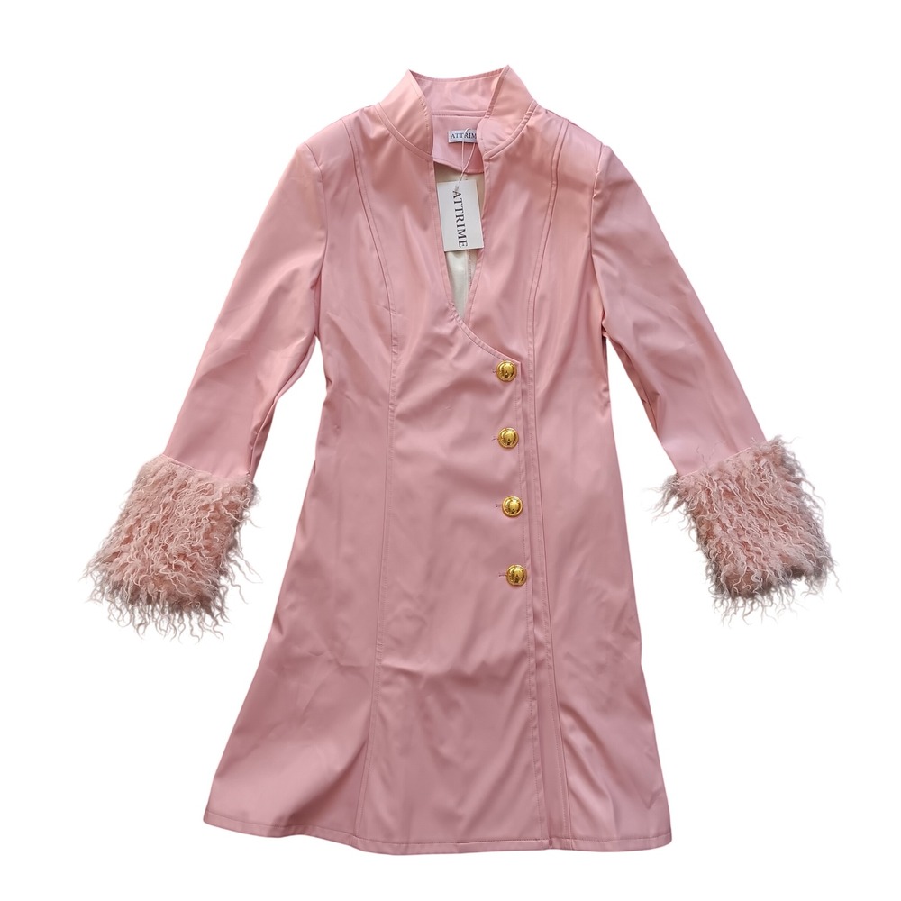 Attrime Faux Leather Dress Womens Small Pink NWT Faux Fur Cuff Gold Button Mini
